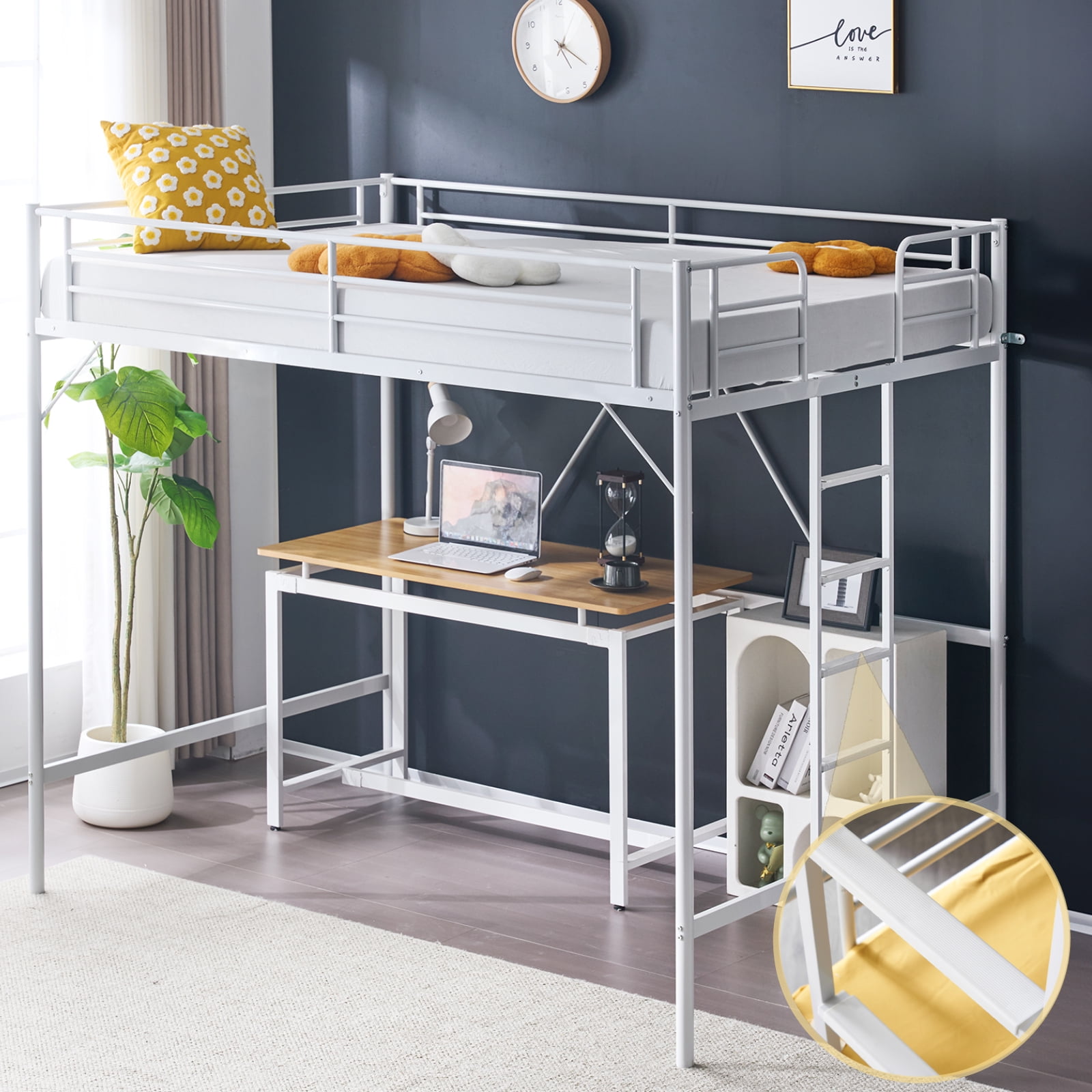 Ktaxon Loft Bed Full Size with Flat Rungs, No Box Spring Required,Heavy Duty Metal Slat Support,White