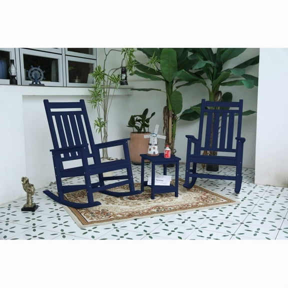 All Weather Rocking Chair Set with Side Table, 3-Piece Rocking Chair Set with Wood-Texture , Grey(includes 2 Rocking Chairs and 1 Table)