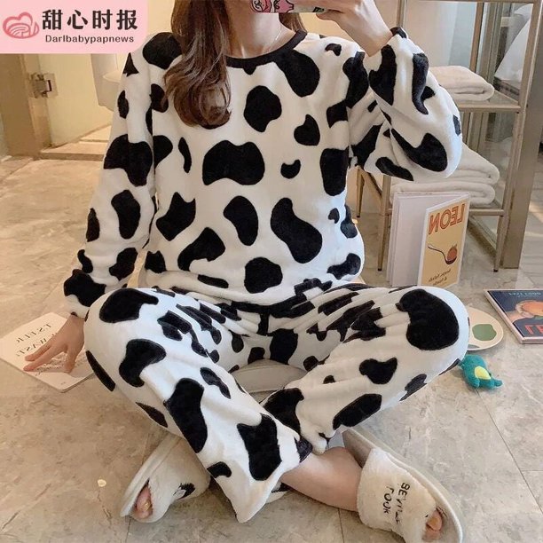 Pijama de franela para mujer, conjunto de dos piezas de otoño e invierno, lindo y dulce forro polar coral grueso, ropa exterior cálida, ropa para el hogar