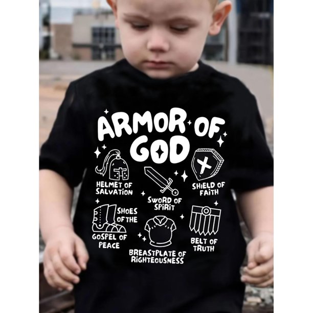 Youngsters' Armor of God Graphic T-Shirt - Christian Religious Short Sleeve Tee with Armor, Sword & Shield Design - 100% Cotton Casual Top for Boys & Girls (Black), Youngsters Summer Top | Sporty Tsh