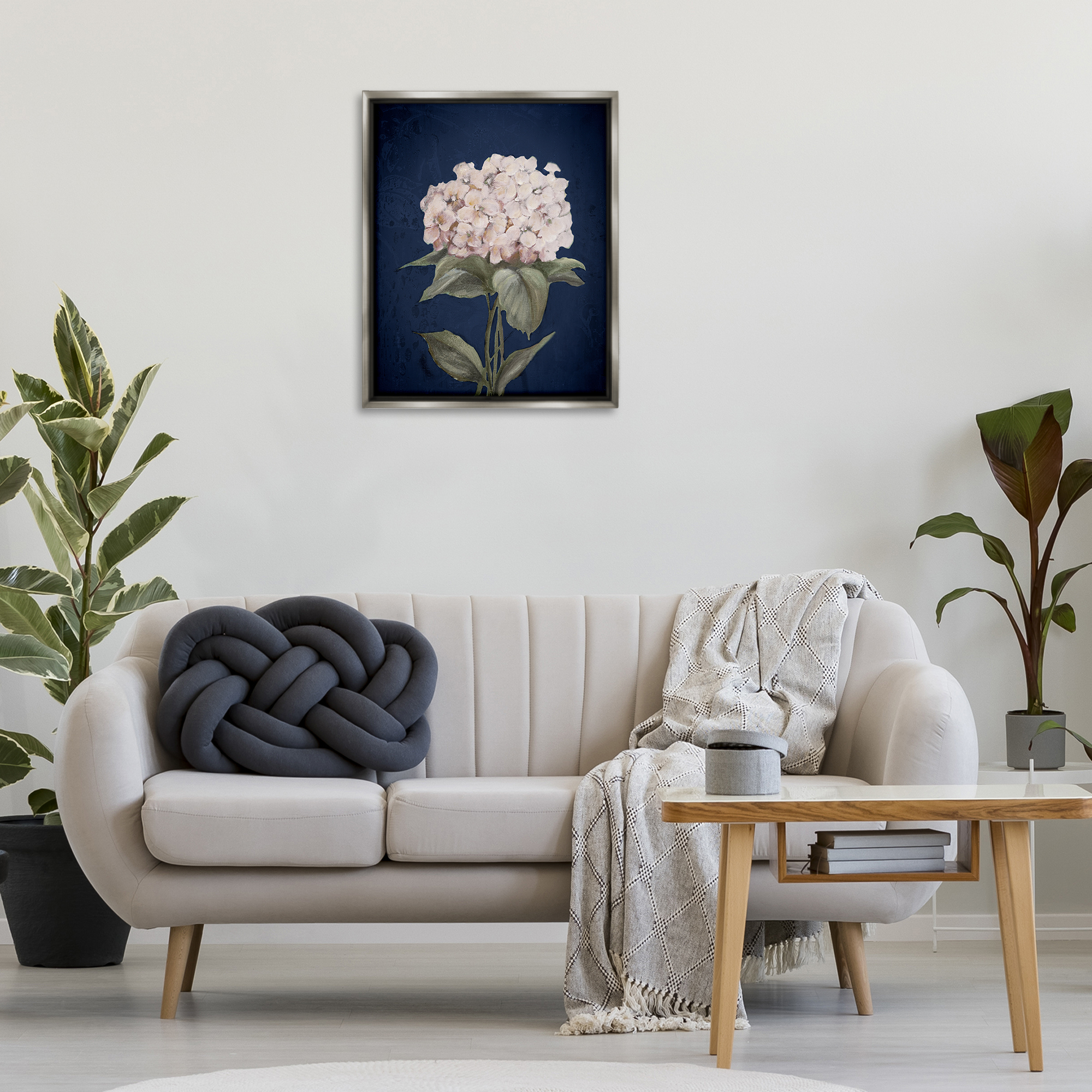 Stupell Industries Single Hydrangea Bloom Botanical & Floral Painting Gray Floater Framed Canvas Art Print Wall Art, 25 x 31