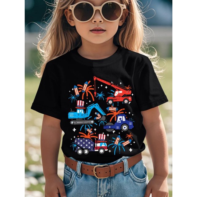 Boys' 4th of July Patriotic Construction Trucks T-Shirt - Red White & Blue Fireworks & American Flags Graphic, Soft Stretchy Comfort Fit, Machine Washable