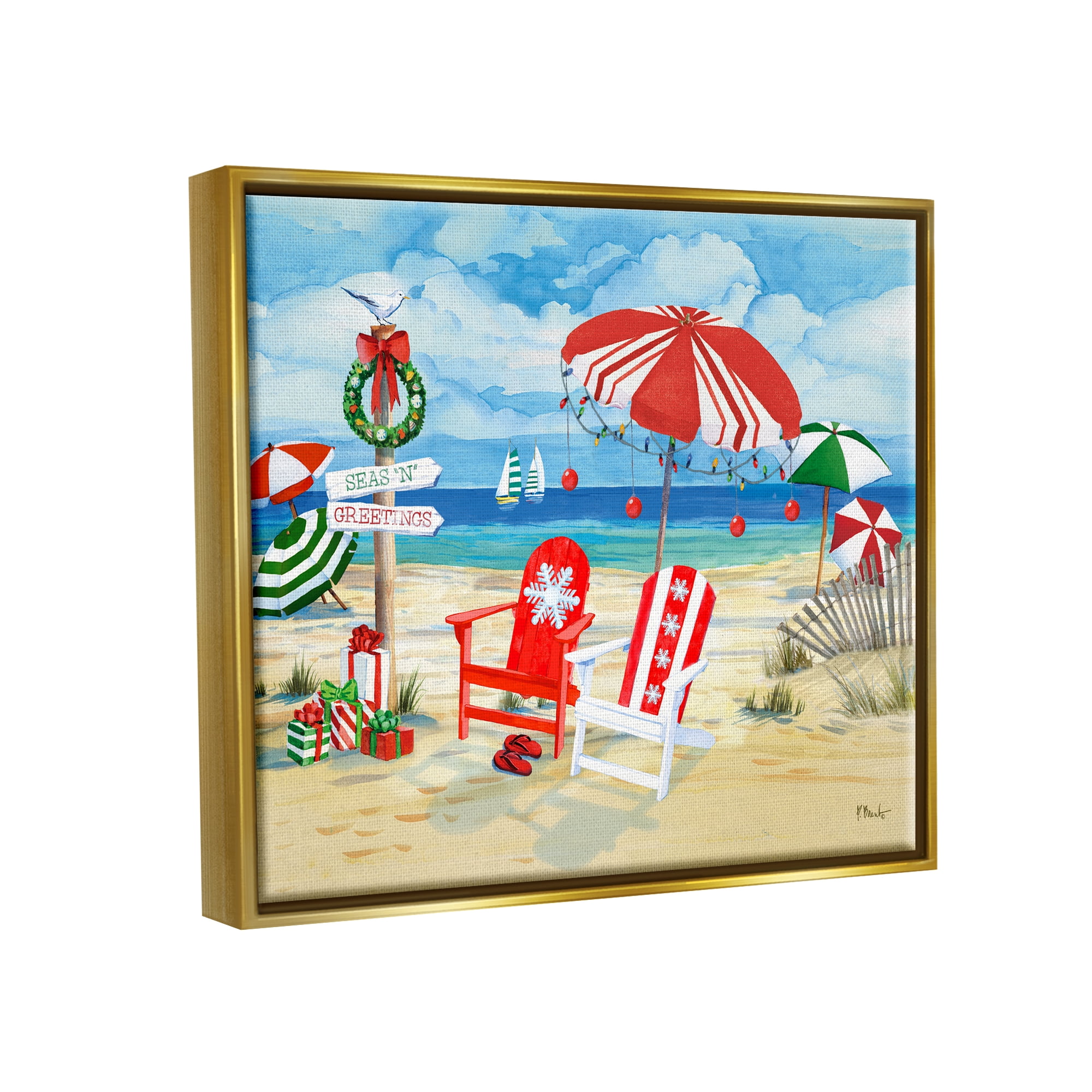 Stupell Industries Seas 'N' Greetings Scene Holiday Painting Gold Floater Framed Art Print Wall Art, 21 x 17