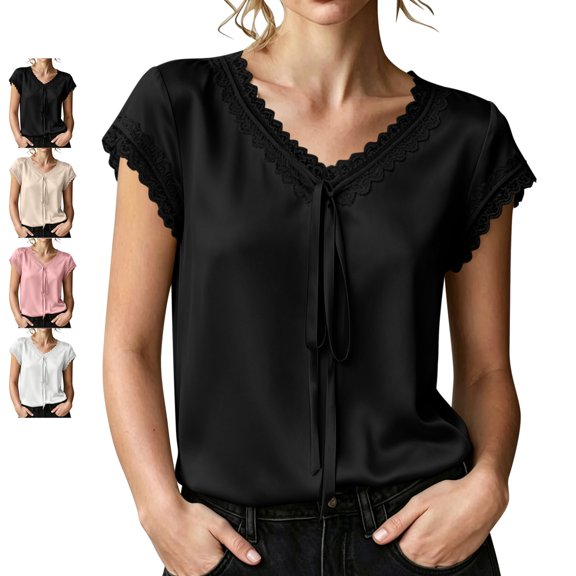 TGSLY Lace Trim Satin Tops for Women Smooth Soft V Neck Bow Tie Front Shirts Loose Dressy Casual Solid Color Cap Sleeve Blouses XL