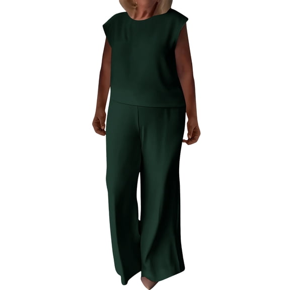 ZToonmas Women's 2 Piece Outfits Solid Sleeveless Cap Sleeve Top and Wide Leg Pants Set Casual Loose Two Piece Suit