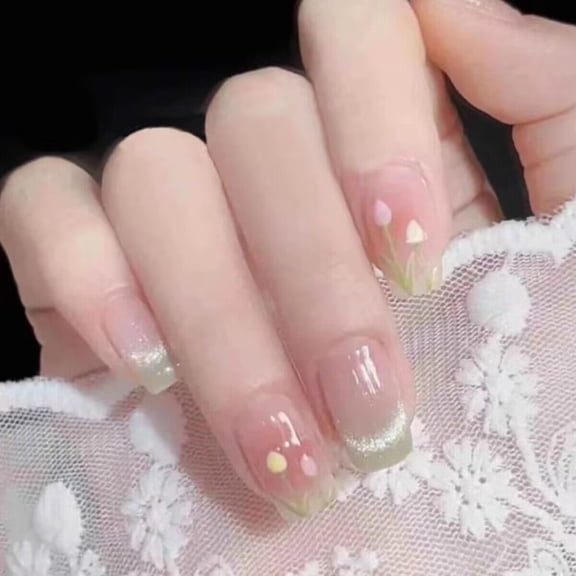 ADITYSHOP - Handmade Emerald Tulip Bloom Press-On Nails Large, Kit included