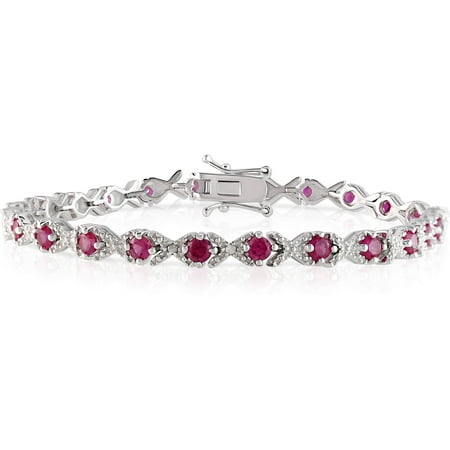4-1/3 Carat T.G.W. Created Ruby and Diamond Accent Sterling Silver "XOX" Style Tennis Bracelet, 7"