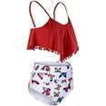 thumbnail image 3 of Women High Waisted Bikini Ruffle Swimsuit Flounce Pom Pom Trim Two Piece Bathing Suit Red&white (S, 3 of 7