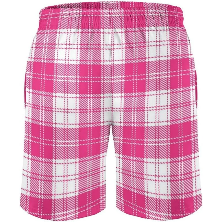Men s Pink and White Tartan Plaid Swim Trunks Quick Dry Swim Shorts Bathing Suit Beach Swim Board Shorts with Pockets S 3XL