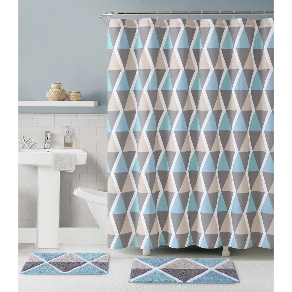 3 Pc. Bath Set Shower Curtain and 2 Mats, Triangle Geometric Design, Blue, Taupe and Gray, 100