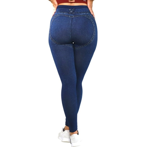 Comfy Leggings - High Waist Women Seamless Jeggings - Ankle Length - Jean  Look Jeggings Tights Tummy Control Workout Leggings for Women - Blue - S-M