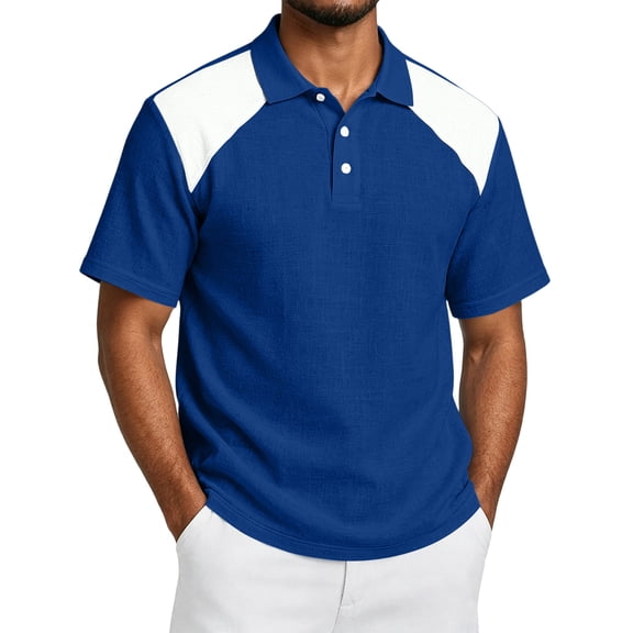 Fabrcox Mens Short Sleeve Polo Shirts Collared Henley Linen Shirt Men Lightweight Relaxed Fit Color Block Vacation Athletic Golf Shirts Men Blue L