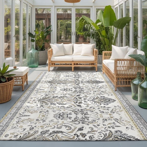 Floral Vine Washable Living Room Rugs 5'x8', Vintage French Country Beige Silver Gray Symmetrical Washable Throw Large Area Rug Non-Slip Sturdy Edge Binding Carpet for Living Area Kitchen Office