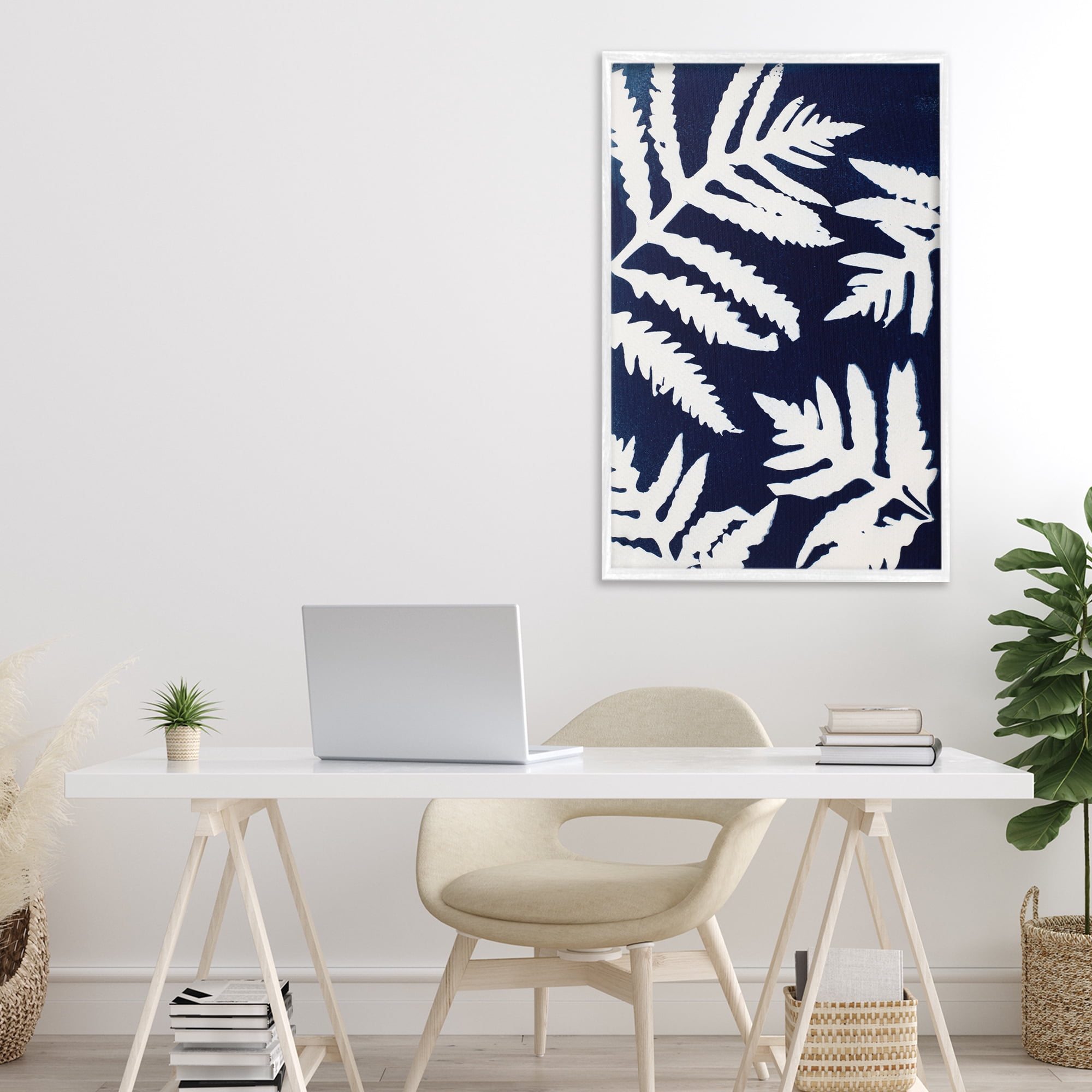 Stupell Industries White Ferns on Indigo White Framed Giclee Art, design by Lynn Byrd