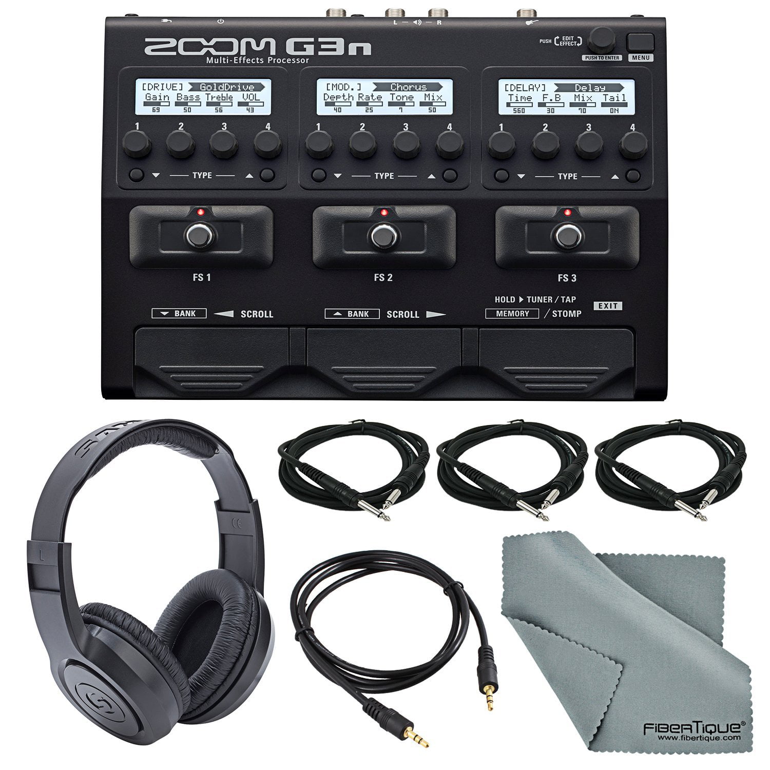 Zoom G3n Multi-Effects Processor for Electric Guitar Deluxe Bundle with 3 X  1/4 Inch Cables + Aux Cable+ Samson Stereo Headphones + Fibertique 