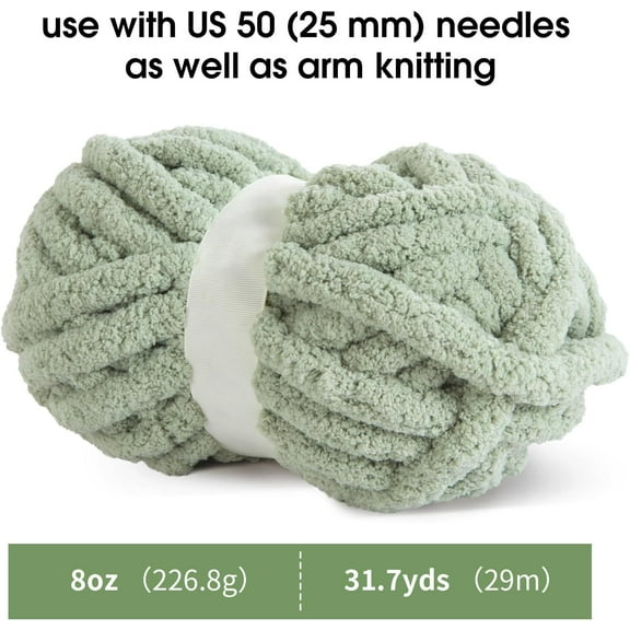 2pcs Sage Green Chunky Chenille Yarn for Blanket, Super Bulky Soft Thick Fluffy Jumbo Giant Washable Polyester Big Yarn for Hand Knitting Extreme DIY Arm Knitting Throw Rugs Pillow