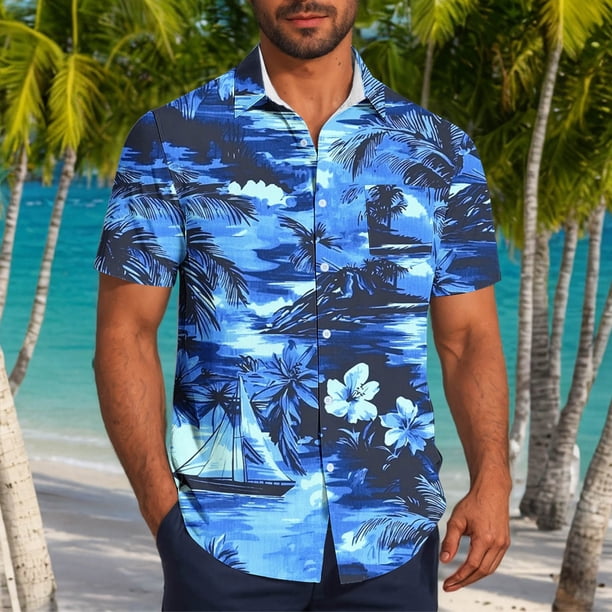Blusa y camisa de manga corta con cuello vuelto para hombre, informal, a la moda, con estampado de bolsillo y botones, de poliéster.