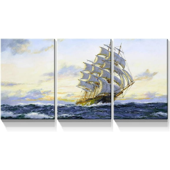3 Panel Canvas Wall Art Prints - Big Sail Boat on Ocean Landscape Painting|Modern Nordic Simplicity Wall Decor/Home Decoration & Ready to Hang - 12"x16" x 3 Panels