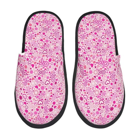 Balery Breast Cancer Awareness2 Slient Indoor Furry Fleece Comfort House Shoes Soft Non-Slip Home Shoes Cotton slippers House Slippers-- Large