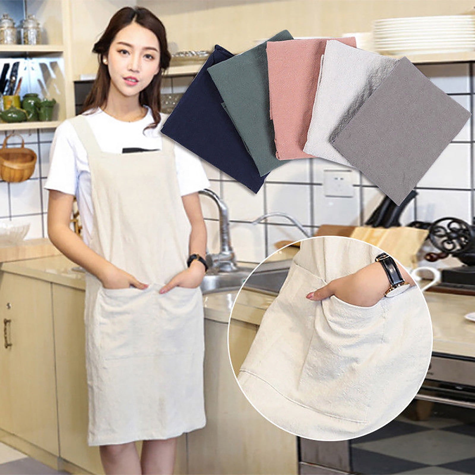 Women Cotton Linen Cross Back Apron Japanese Housework Wrap Pinafore Dress New 