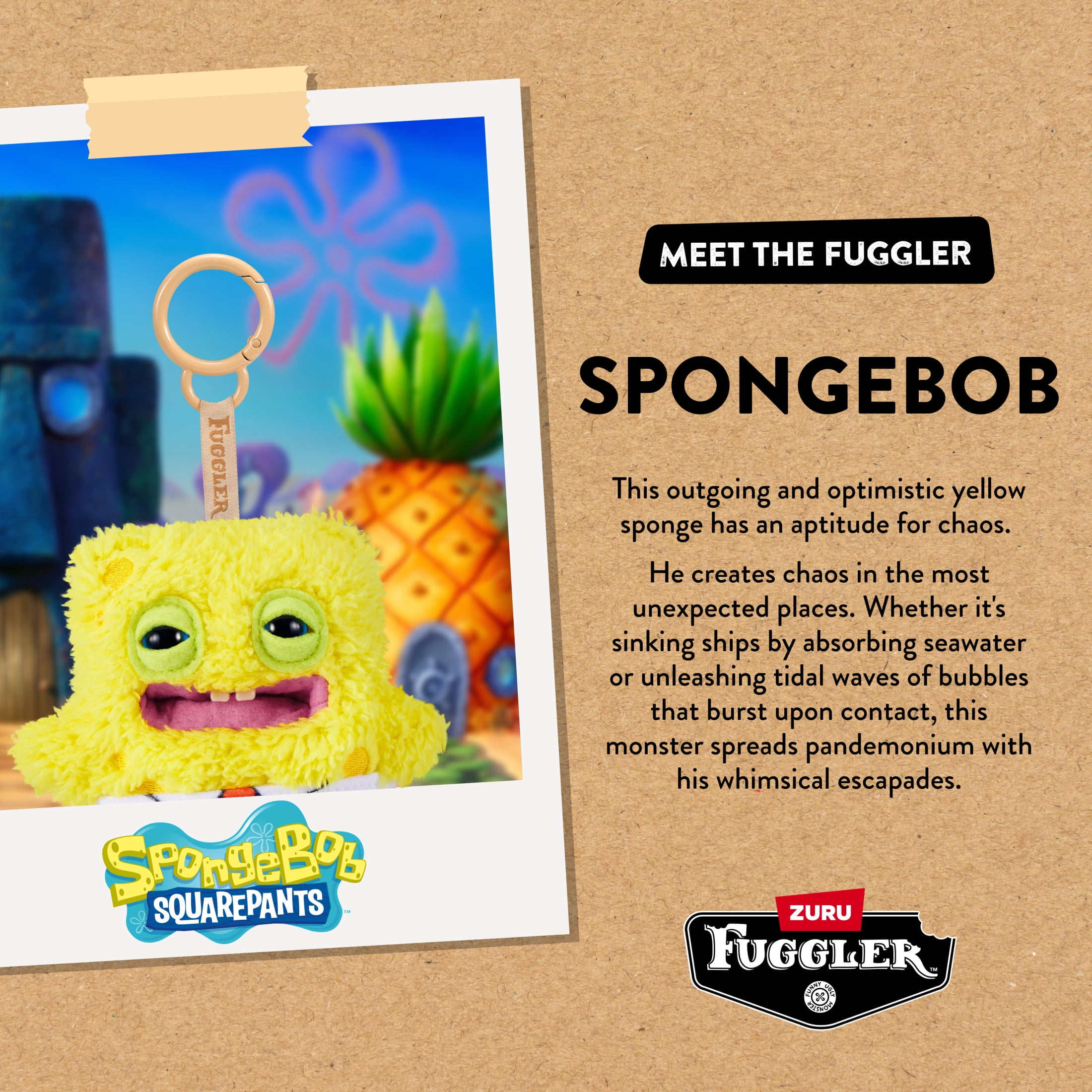 Fuggler SpongeBob Key Rings 5 inch (SquarePants), Funny Ugly Monster Plush Keychain by ZURU
