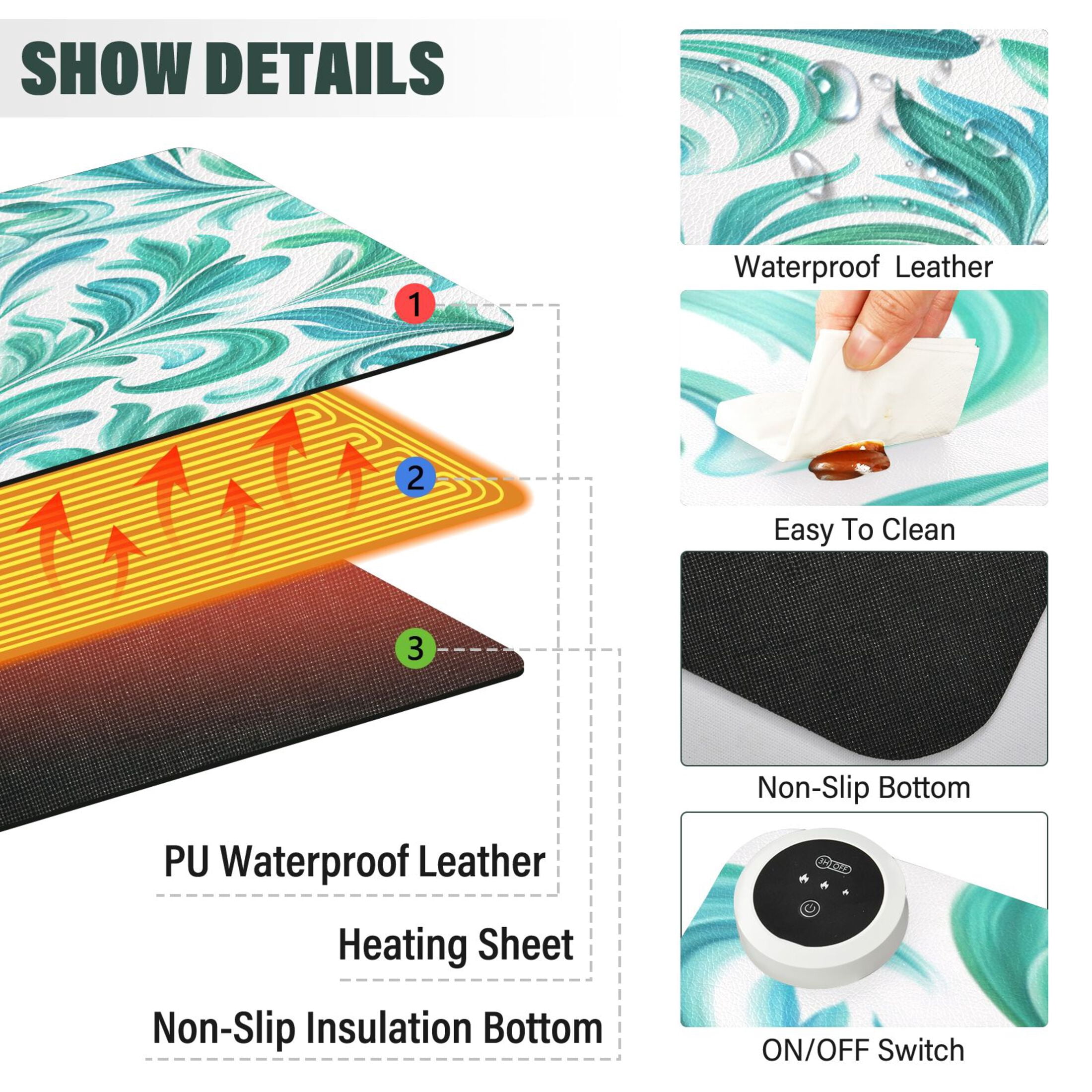Large Heated Desk Mat Mouse Pad 31.5"x13"PU Leather Graphene Heating Desk Warmer with 3 Temperature Settings 110V US Plug Non-Slip Warm Pad for Home, Office, and Gaming Teal Swirl Damask Pattern