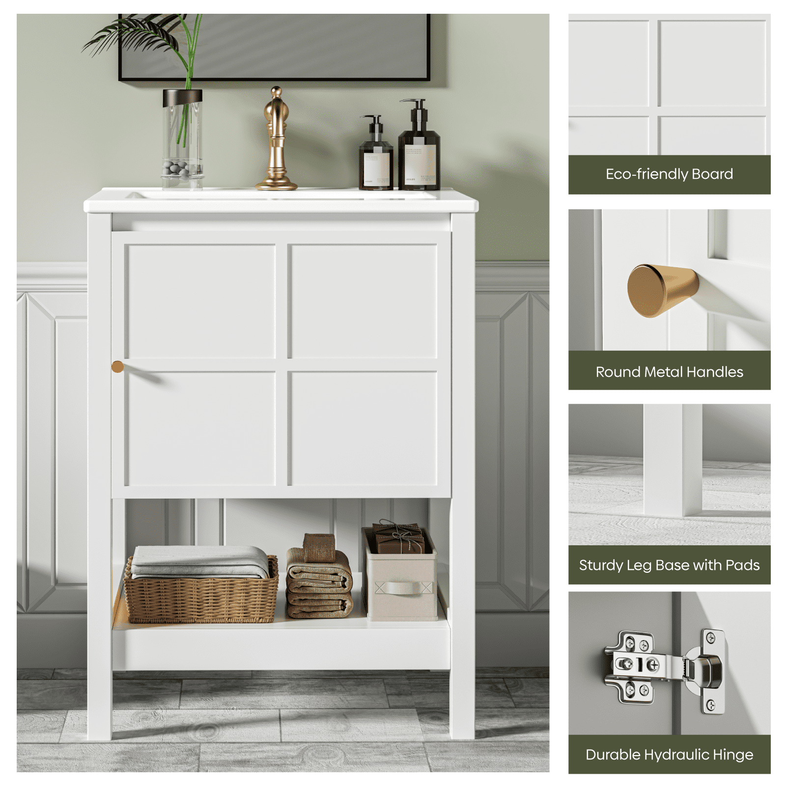 EVOKEDEN 24" Bathroom Vanity with Sink, Small Farmhouse Freestanding Bathroom Cabinet Combo Set, Soft Closing Door and Open Storage Shelf, White