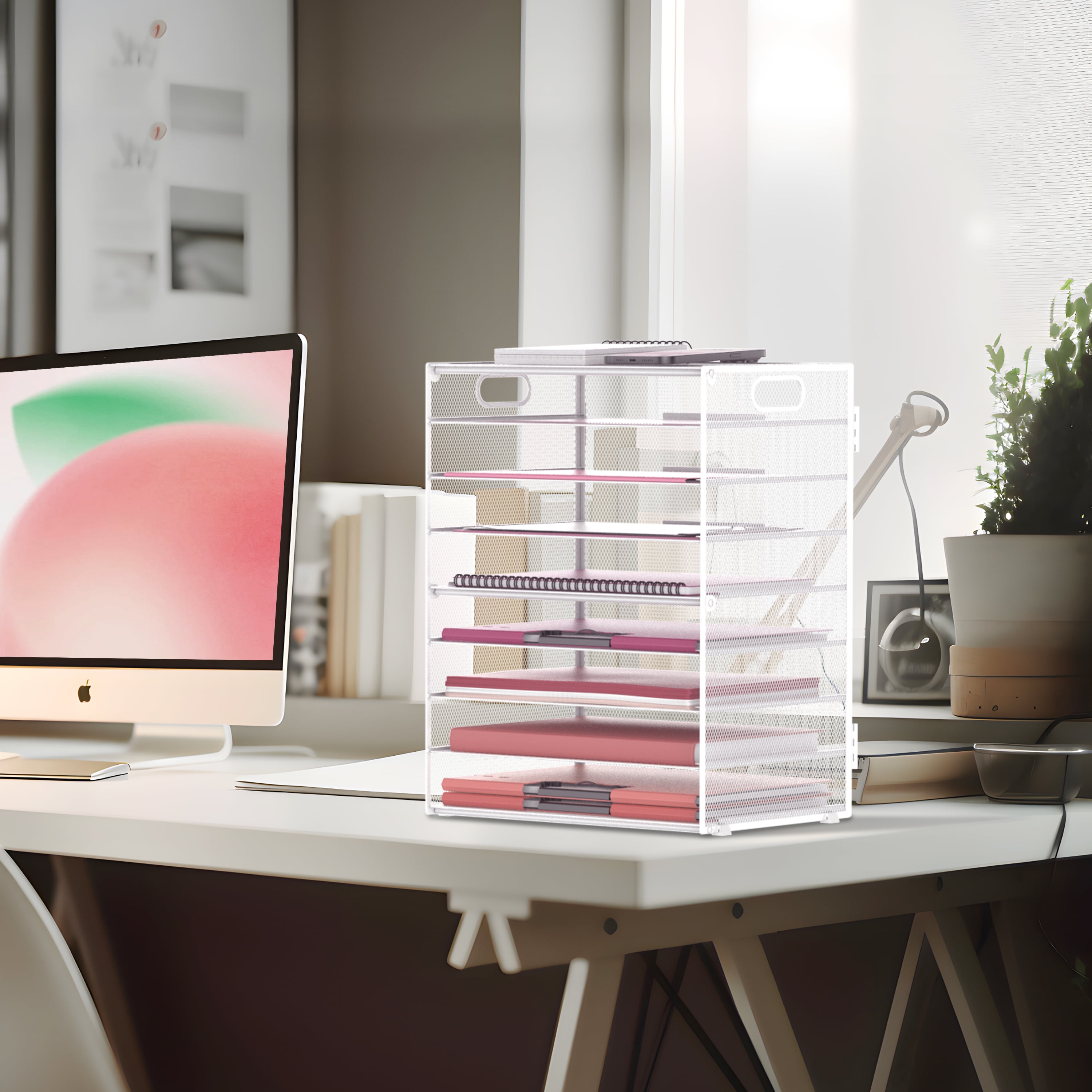 INTIGE 9-Tier Metal Paper Tray Desk Organizer with Handles, Desk Letter Organizer, White, 1 Piece