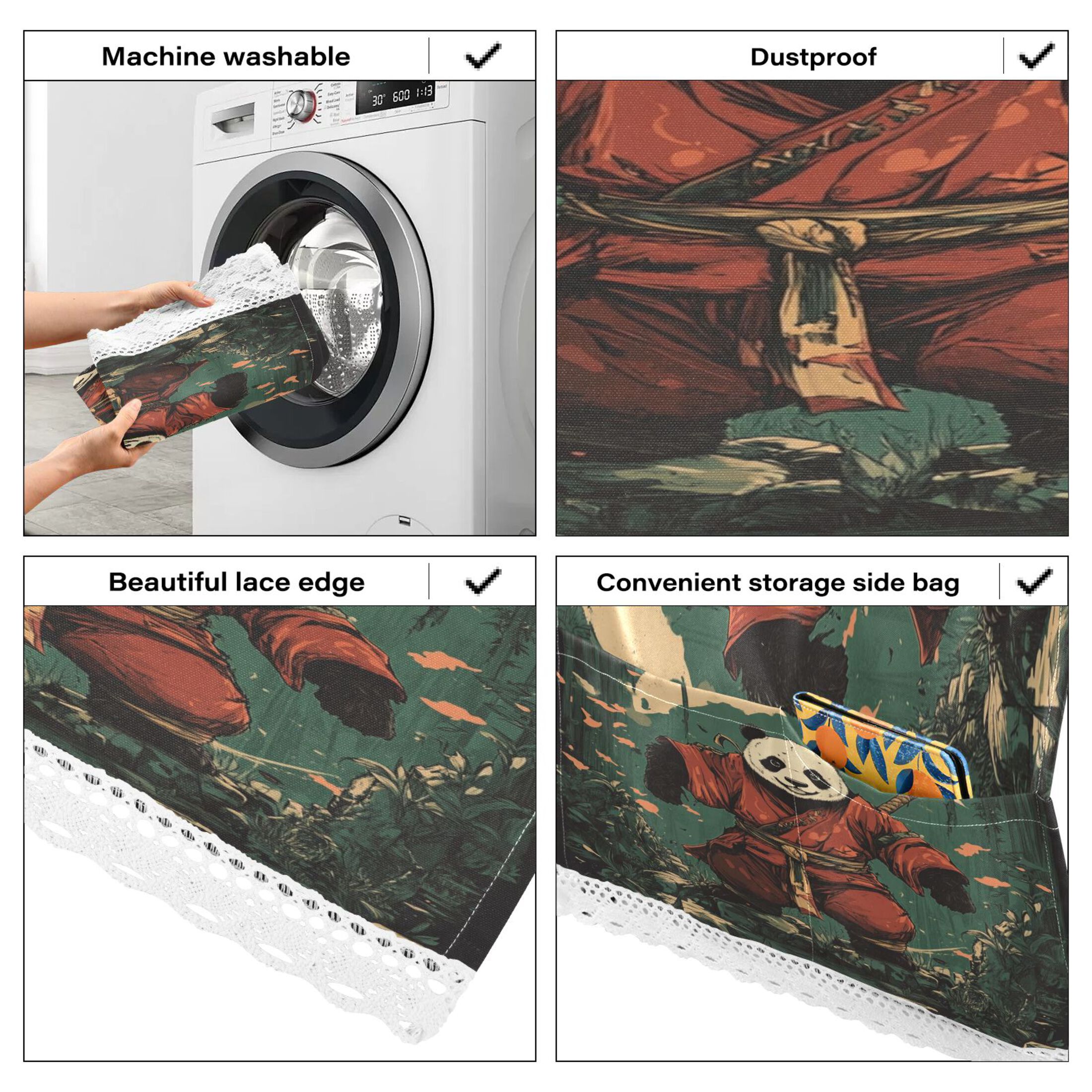WOBOGO Samurai Panda Pattern Washing Machine Cloth Dryer Refrigerator Top Cover Protective Non-Slip Mat For Kitchen Laundry