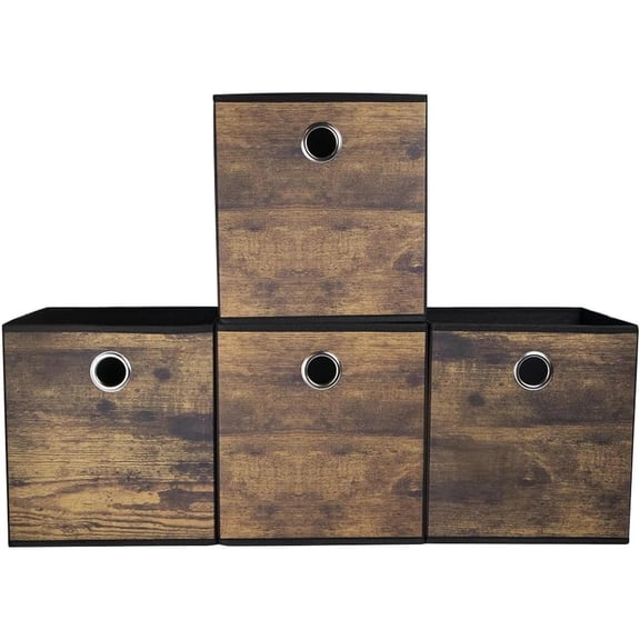4 Pack Durable Storage Cube Bins with Wood Grain,Thickened Fabric Box,Storage Ba