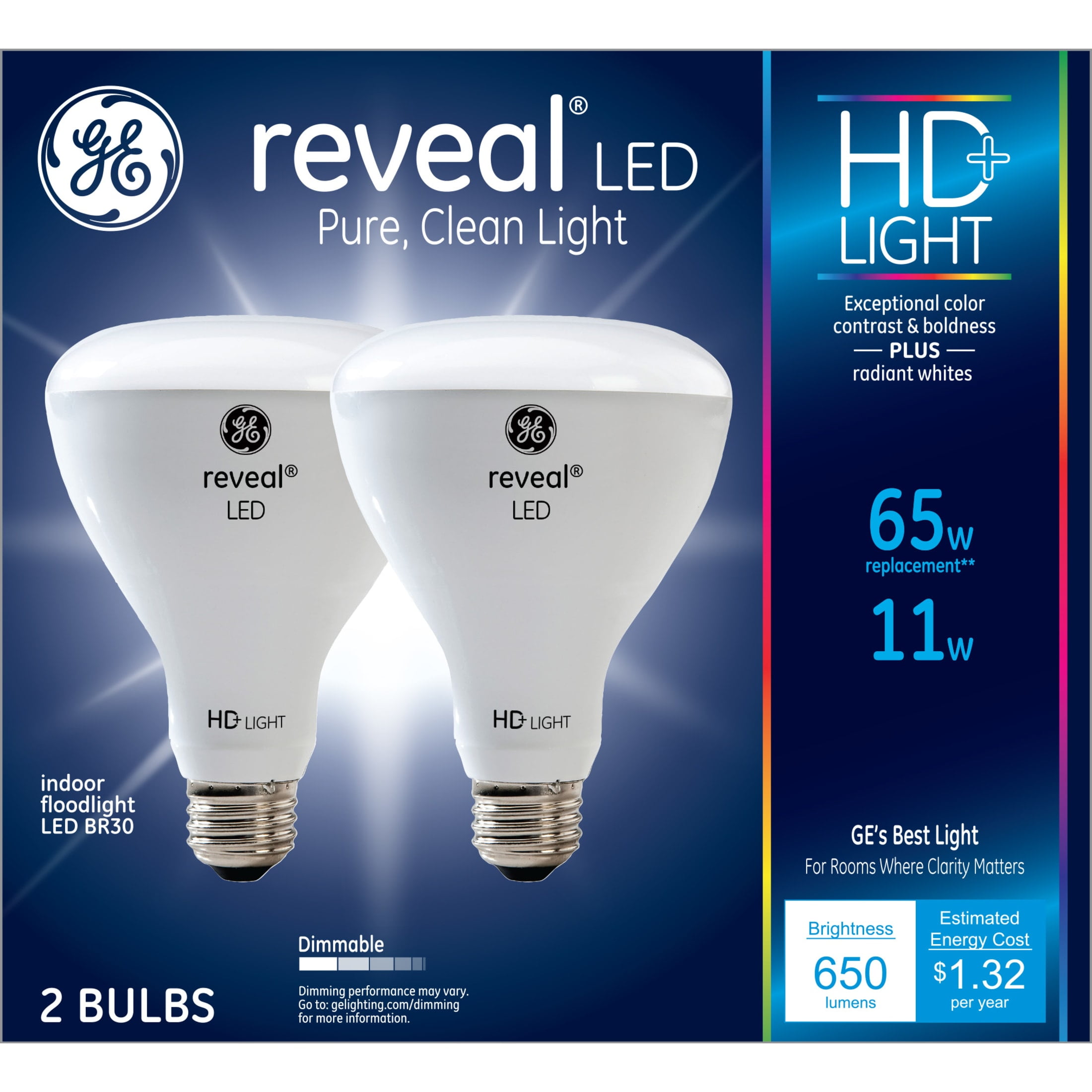 (2 pack) GE Reveal HD+ LED Light Bulbs, 65 Watt, BR30 Floodlights, Medium Base, 2pk