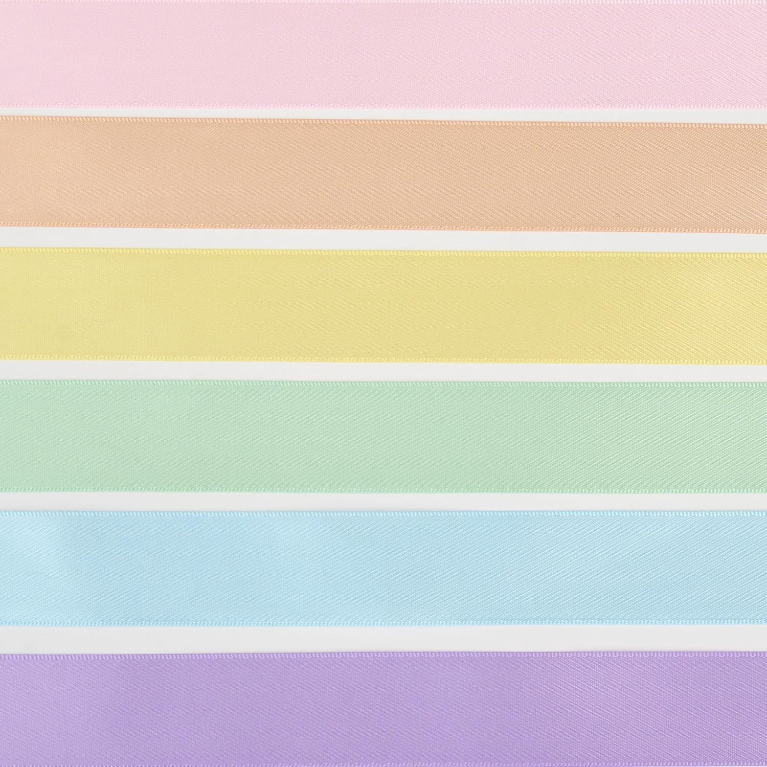 Pastel Ribbon 1 Inch Pastel Rainbow Satin Colorful Assorted Ribbon 6 Rolls for Gift Wrapping, Multicolor Flower Bouque Crafts Birthday Party Wedding - 60Yards