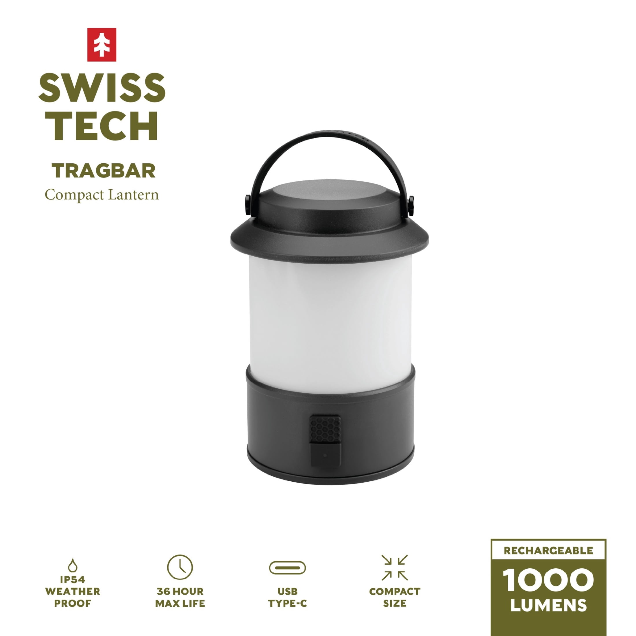 Swiss Tech LED Lantern with Bluetooth, IPX4, Dimmable, 1000 Lumen