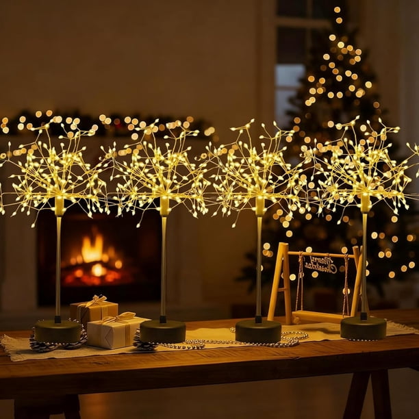Nest and Flowers Table Lights Fireworks, 120 Mini Table Starburst Silver Lights, LED Christmas Starburst Firework Lamp for Dinner Indoor Christmas Party Decor (Warm*4)
