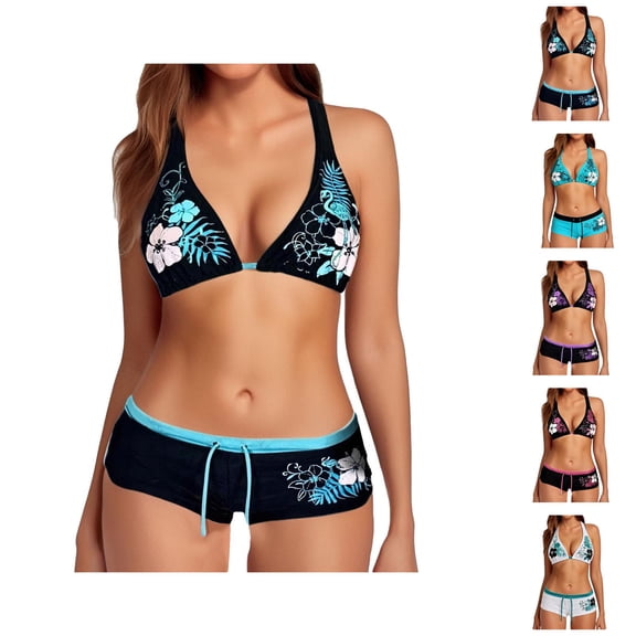 High Waisted Bikini Set for Women Floral Print 2 Piece Swimsuit No Padding Summer Beach Swimwear for Water Sports Bathing Suit