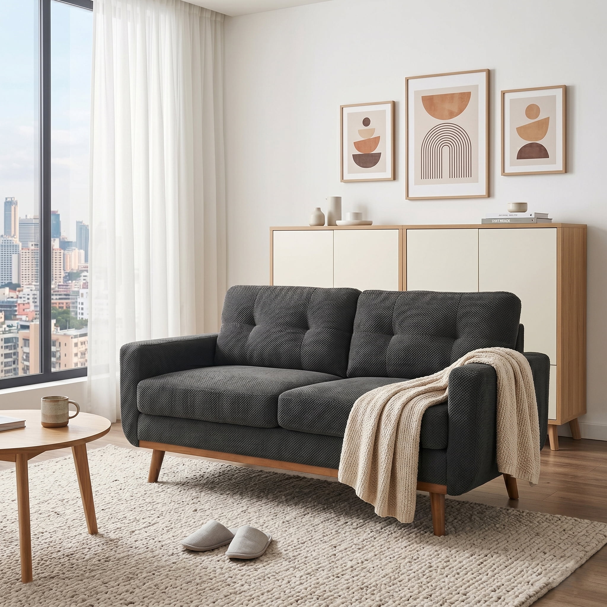 Leumius 65" Modern 2-Seater Sofa Upholstered Loveseat Sofa Couch with olid Wood Legs for Living Room,Apartment,Bedroom,DARK GREY