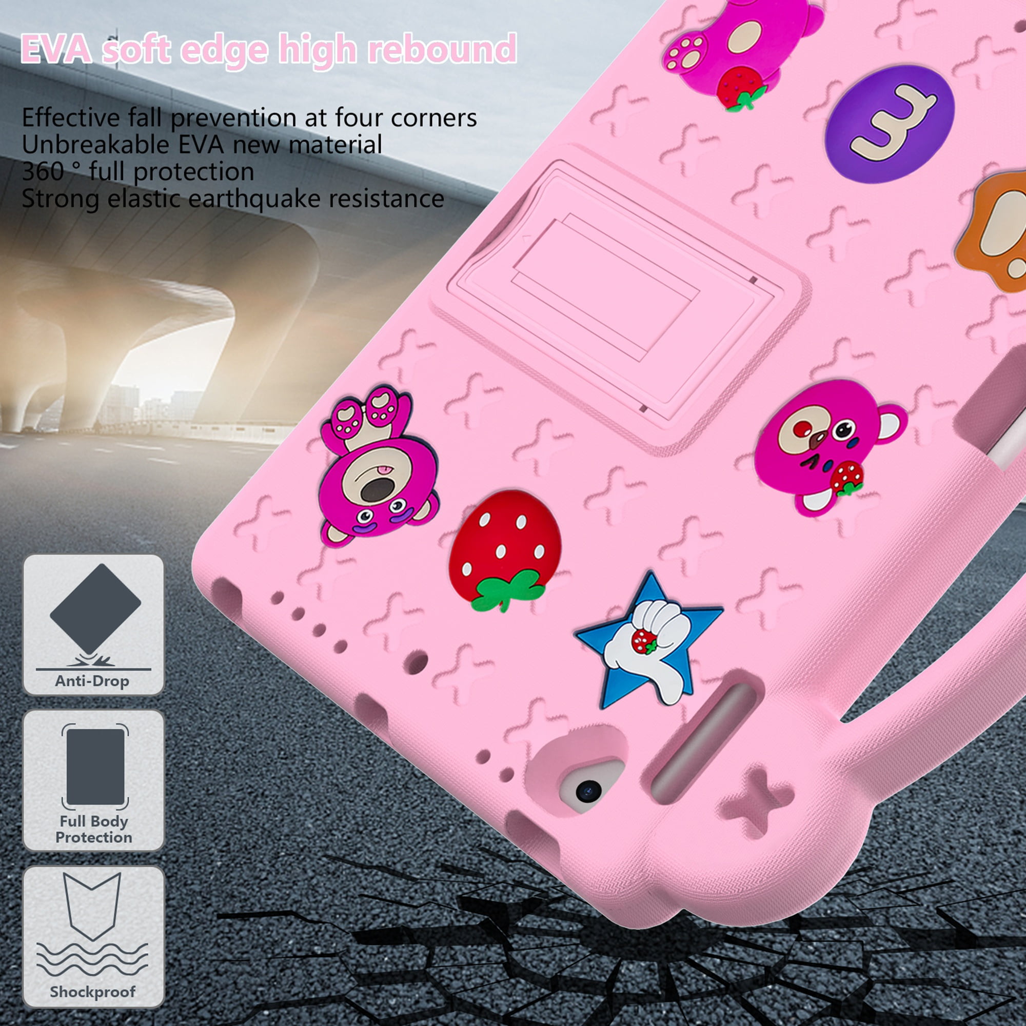 Dteck Kids Case for iPad 6th/5th Generation / iPad Air 2 / iPad Air 9.7 Inch, DIY Cute Cartoon Toys for Kids Child Proof Shockproof iPad 9.7 Case with Handle Stand Pencil Holder,Pink