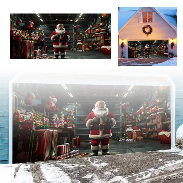 Feliz Navidad Fondo Navideño Fiesta De Navidad Papá Noel Fotografía Fondo De Puerta De Garaje Navideño Decoración Para Fiestas 7 * 16 Pies.