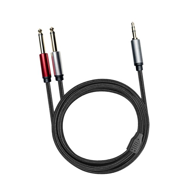 Cable de guitarra estéreo con entrada y salida de audio. Conector TRS de 3,5 mm (1/8") a doble conector de 6,35 mm (1/4"). 1 metro