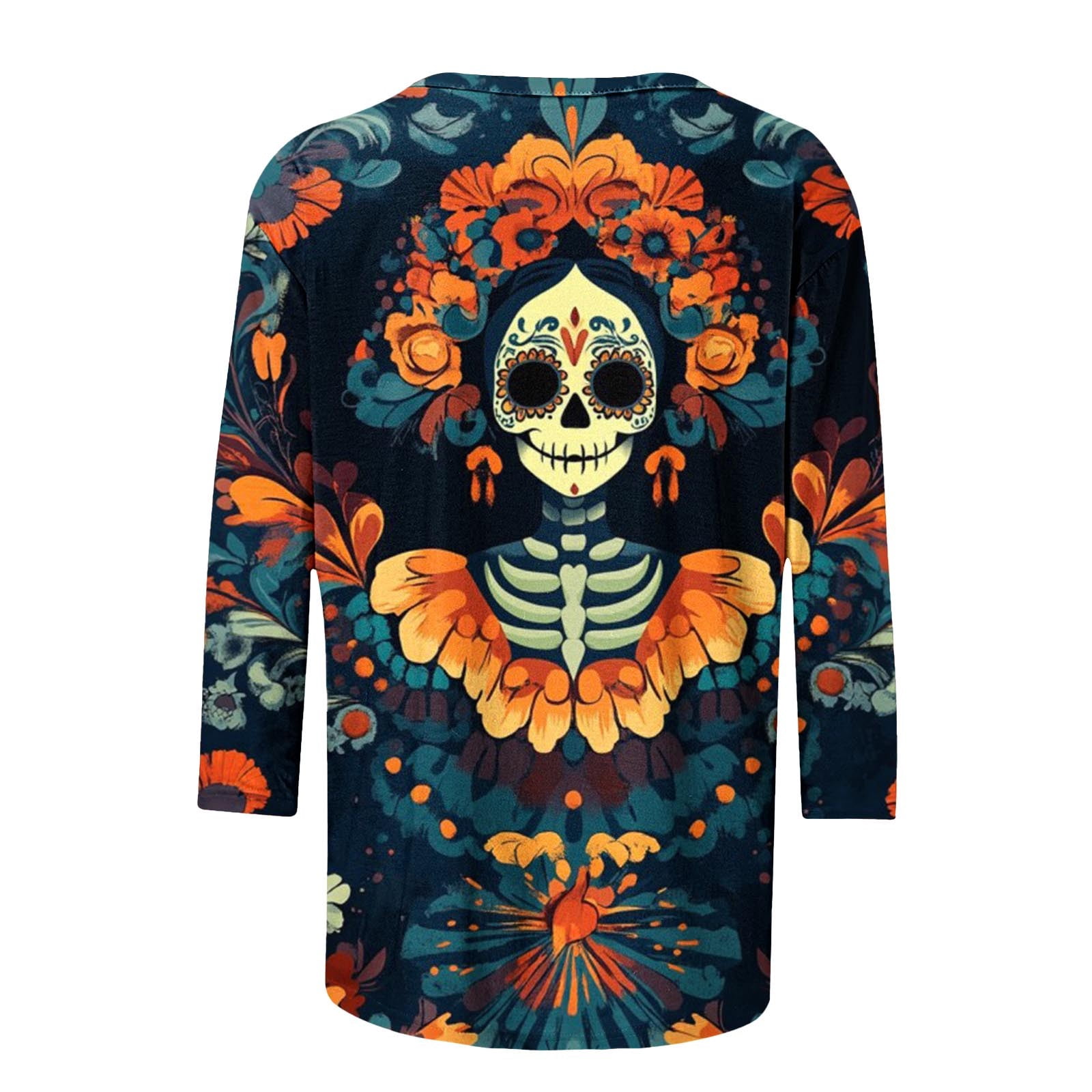 Women's Day of The Dead Print T-Shirt Crew Neck 3/4 Sleeve Loose Fit Mexican Skull Tee