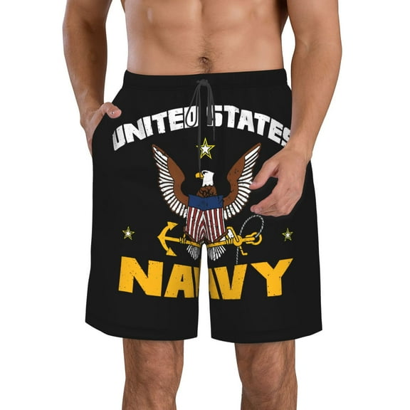 Navy Veteran Men's Hawaiian Beach Shorts Elastic Waist Drawstring Lightweight Summer Casual Shorts with Pocket S