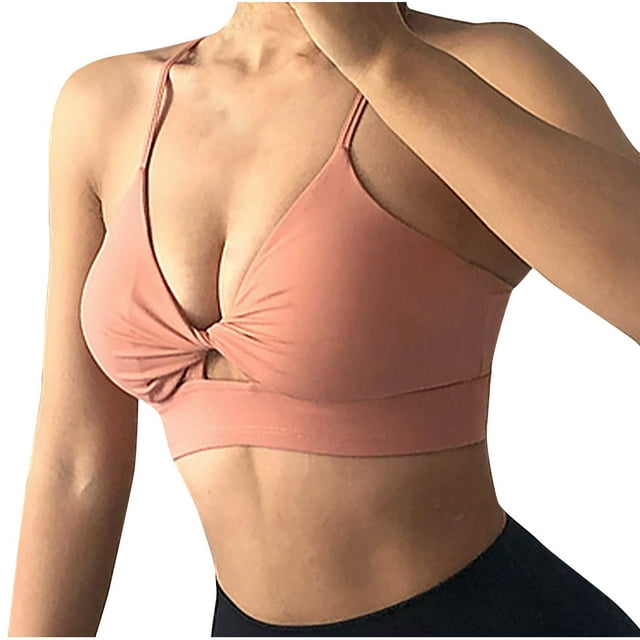 Xfvqtps Ruching Workout Bra for Women Low Support V Neck Padded Spaghetti Strap Ring Yoga Backless Sports Bra Pink