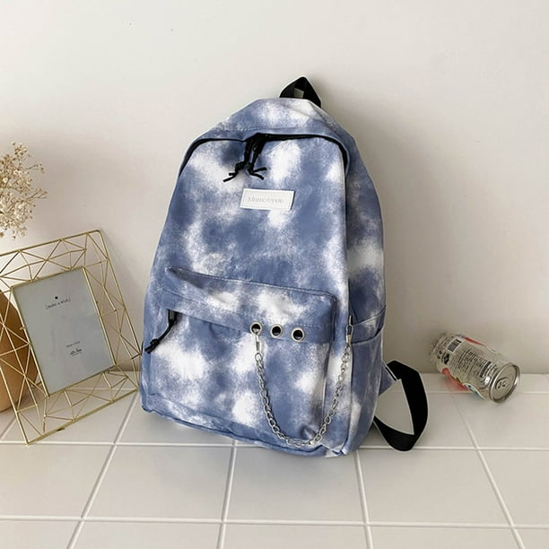 Casual Tie Dye Backpack Women Gradient Chain Canvas Shopper Knapsack Sky Blue