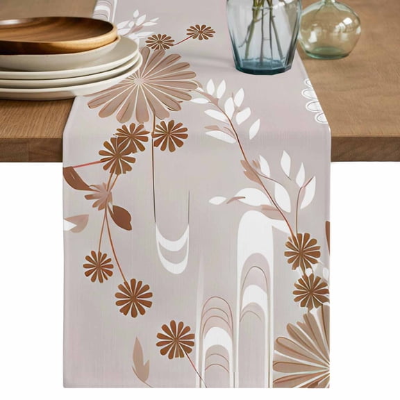 Brown White Floral Table Runner, Spring Botanical Leaves Farmhouse Washable Cotton Linen Table Runners 72 Inches Long, Dresser Scarf Runner for Dining/Coffee/Kitchen/TV Stands/Cabinets 13''x72''