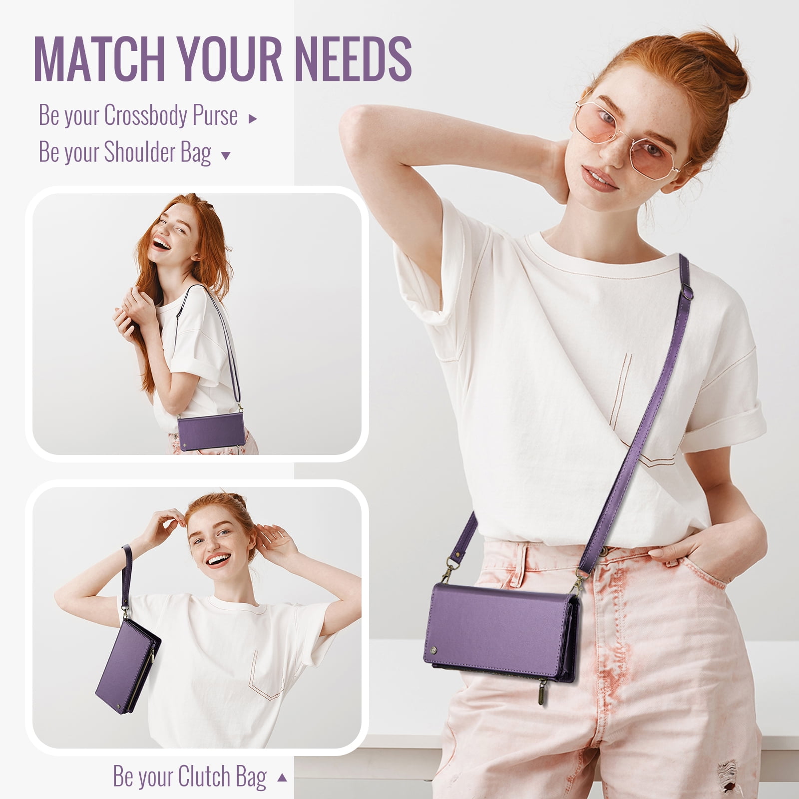 ELEHOLD Phone Bag Wallets for Women Girls,Luxury PU Leather Wallet Bag Crossbody Handbag with Phone Pocket Zipper Pocket Large Capacity Credit Card Holders Wriststrap Shoulder Strap,Purple