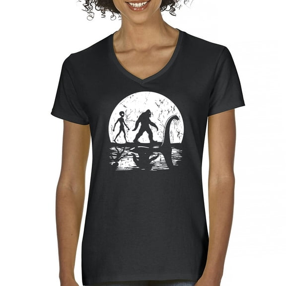 Alien Bigfoot Loch Ness Monster Moon Women's V-Neck T-shirt Funny Space UFO Hunter Sasquatch Yeti Dinosaur Nerd Believe Tee