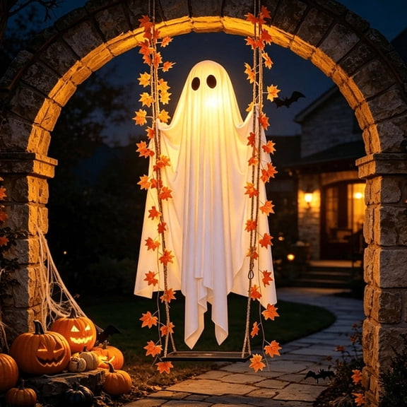 3.9FT Swinging Ghost Outdoor Decor Hanging Swing Ghost with String Lights Ghost on a Swing Halloween Decorations Indoor Outdoor Large Scary Hanging Glowing Ghost for Porch Yard Tree