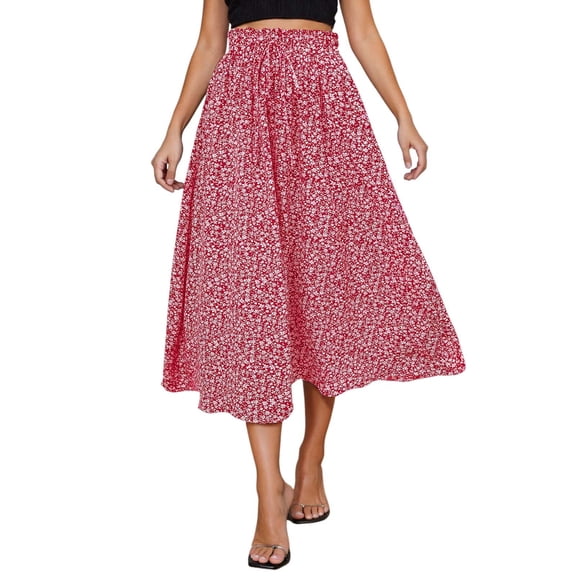 oqasdz Floral Prints Midi Skirt Boho Flowy Elastic High Waist A Line Skirt Bow Linen Flared Summer Beach Long Skirts for Women with Pockets