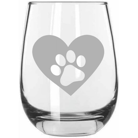 Paw Heart 4 Puppy Love Paw Prints Etched 15.25oz Libbey Stemless Wine Glass