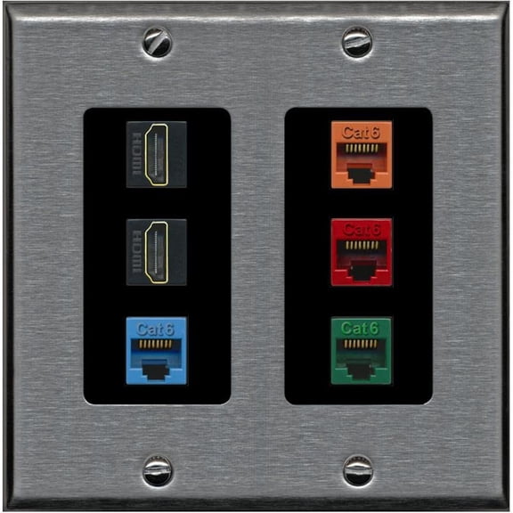RiteAV 2 HDMI 4 Cat6 Ethernet Mixed Color Wall Plate - 2 Gang [Stainless/Black]